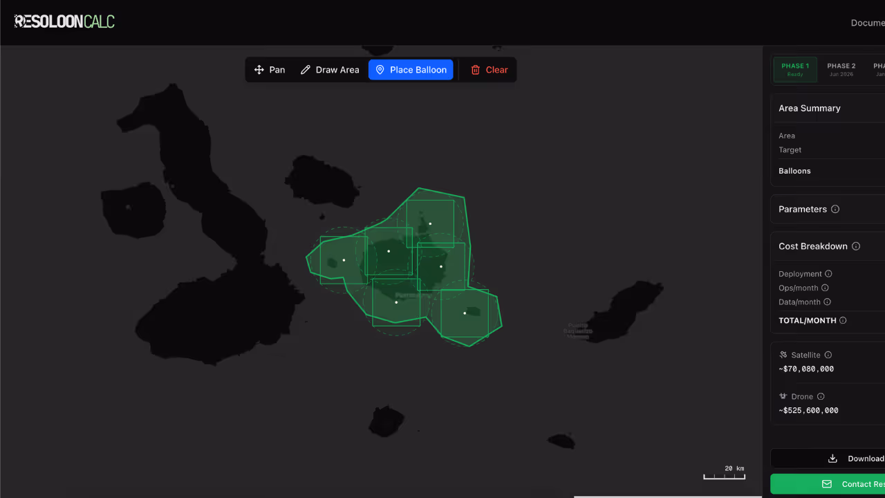 Map interface with six overlapping green geofenced areas and white location markers, showing cost breakdown for satellite and drone deployments on the right panel.