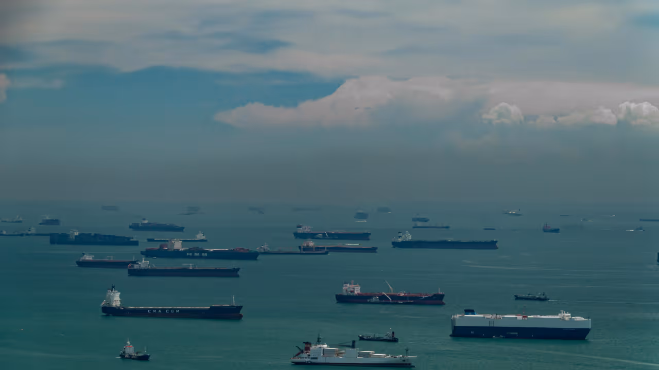 Multiple cargo and container ships anchored on calm ocean water under a cloudy sky.